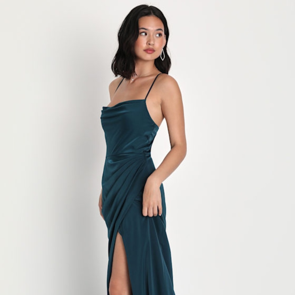Lulus Moments Of Beauty Dark Teal Satin Cowl Neck Tulip Maxi Dress Blue - Size S